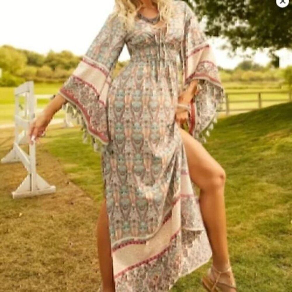 Bohemian Floral Print Woven Bell Sleeve Flounce Peasant Maxi Hippie Dress L - Picture 3 of 12